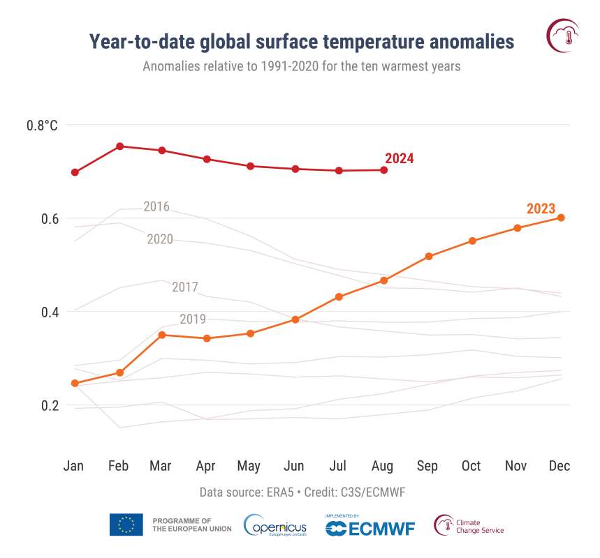 Abweichung Oberflächentemperatur 2024 der heißeste Sommer