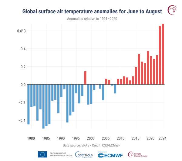 Global air surface anomalies from June to August 2024