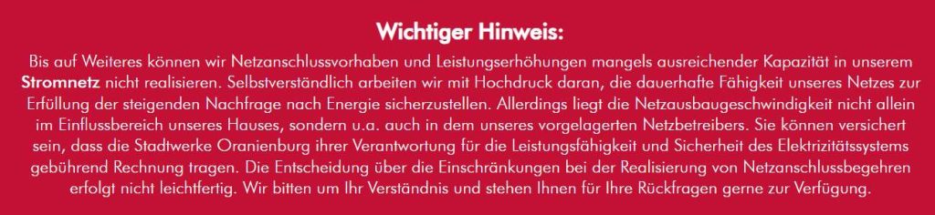 Text auf der Webseite der Stadtwerke Oranienburg zum Stromengpass
